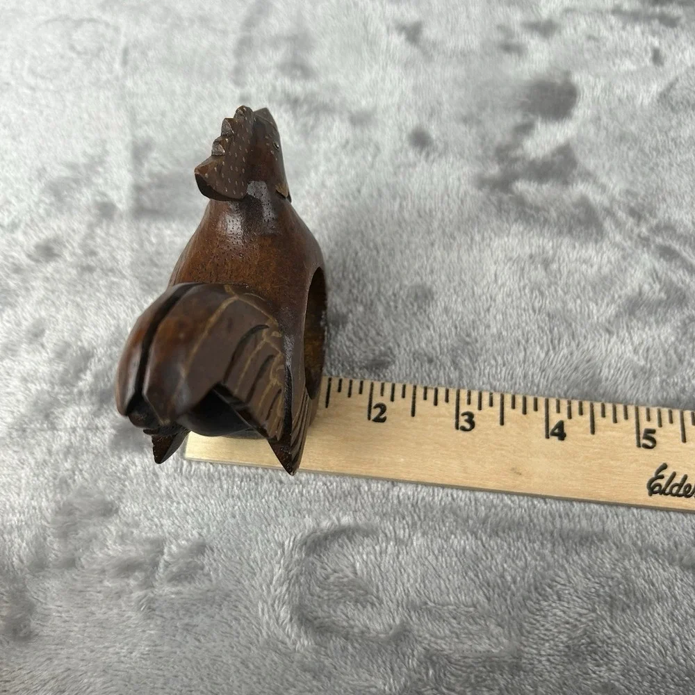 Carved Wooden Napkin Rings Set Of 5 Chicken Rooster Hand Made Vintage Dark Wood